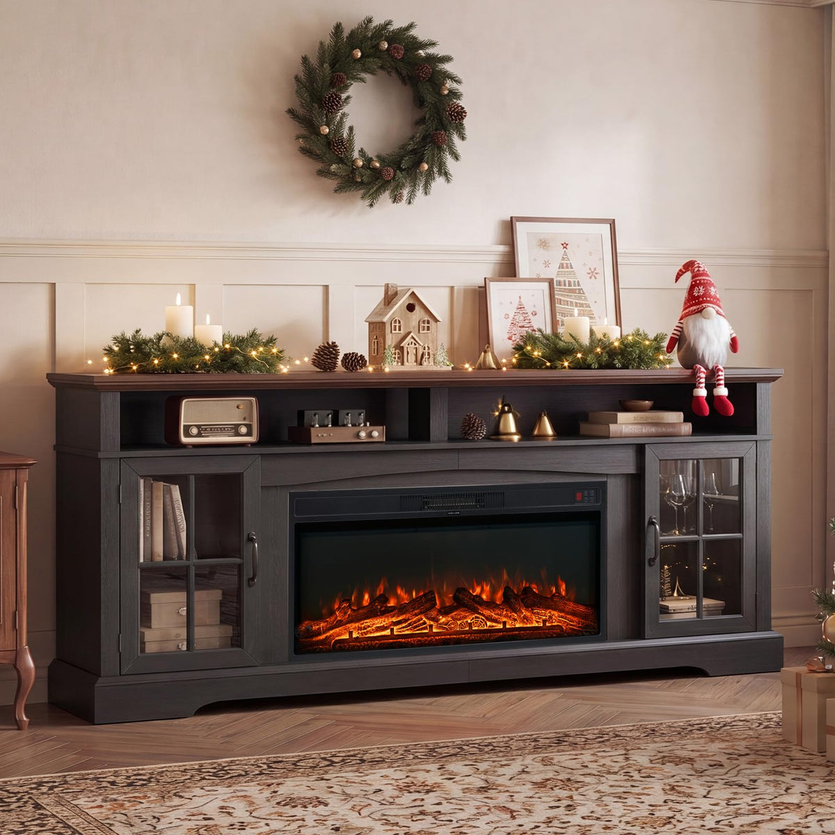 70" Farmhouse Fireplace TV Stand for TVs up to 80", Entertainment Center with 36" Electric Fireplace, LED Lights and Glass-Door Storage Cabinets, Brown