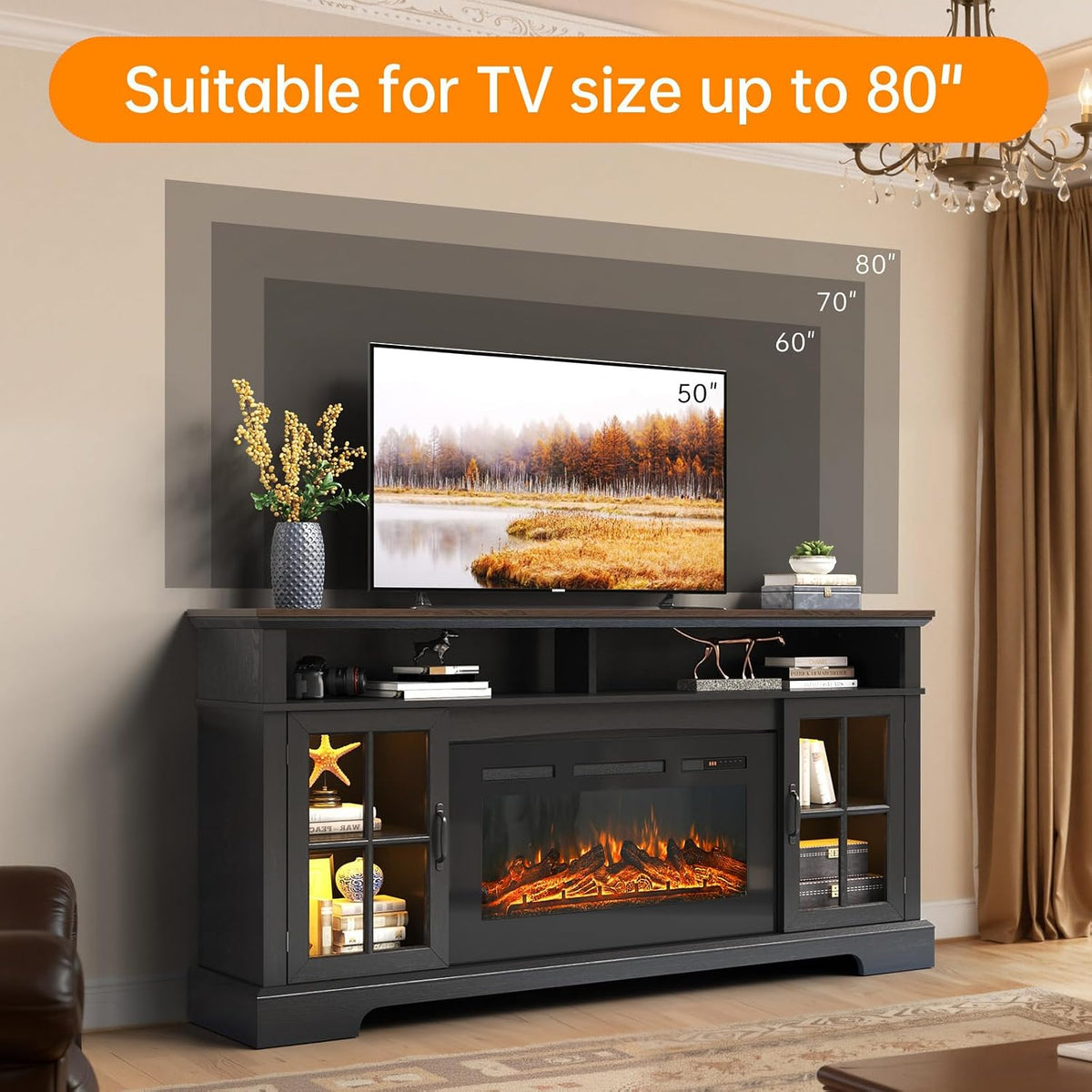 70" TV Stand with Electric Fireplace, Modern Entertainment Center for TVs Up to 80 Inches, Media Console with Storage Cabinets & Doors, Farmhouse Style for Living Room, Black