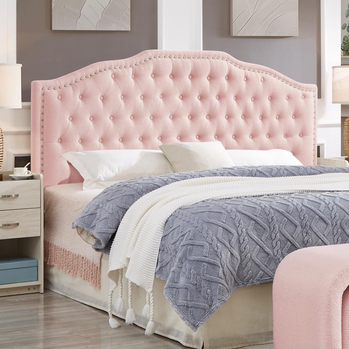 24KF Upholstered Button Tufted King Size Headboard with Nailhead Trim, Soft Velvet Fabric Headboard King/Cal King Size -Dark Gray