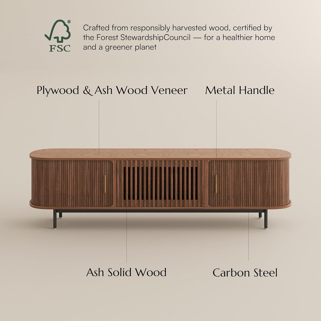 POVISON 70.87" Wood Fully-Assembled Sliding Tambour Door TV Stand, Walnut