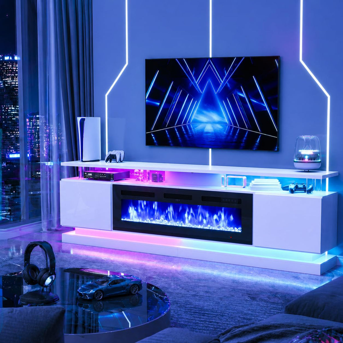 70" Fireplace TV Stand for TVs up to 80", White & Black