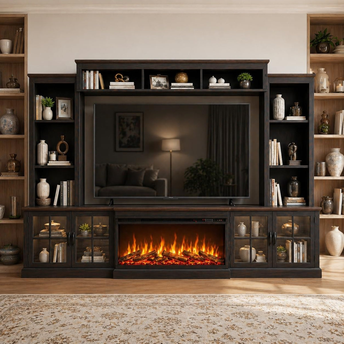 Black Farmhouse TV Stand with Fireplace, Entertainment Center, 98" Wall Unit Media Console with Bookshelf, Cabinet & Power Outlets & Barn Doors, Fits TVs Up to 75” for Living Room