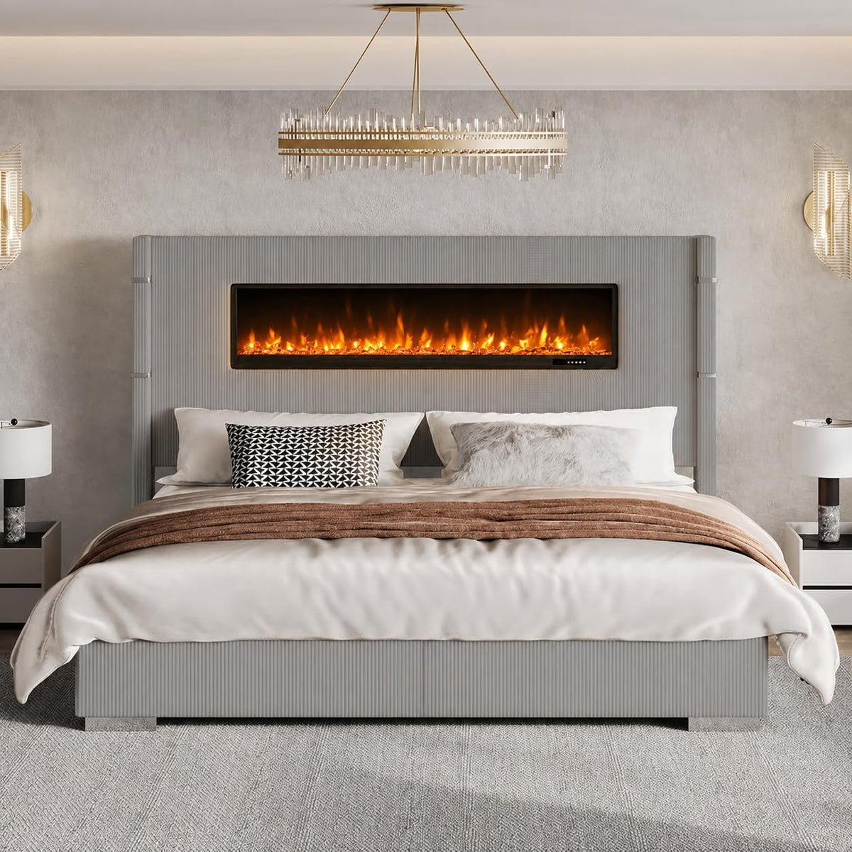 AMERLIFE Cal King Fireplace Bed Frame, Upholstered Headboard, Light Gray