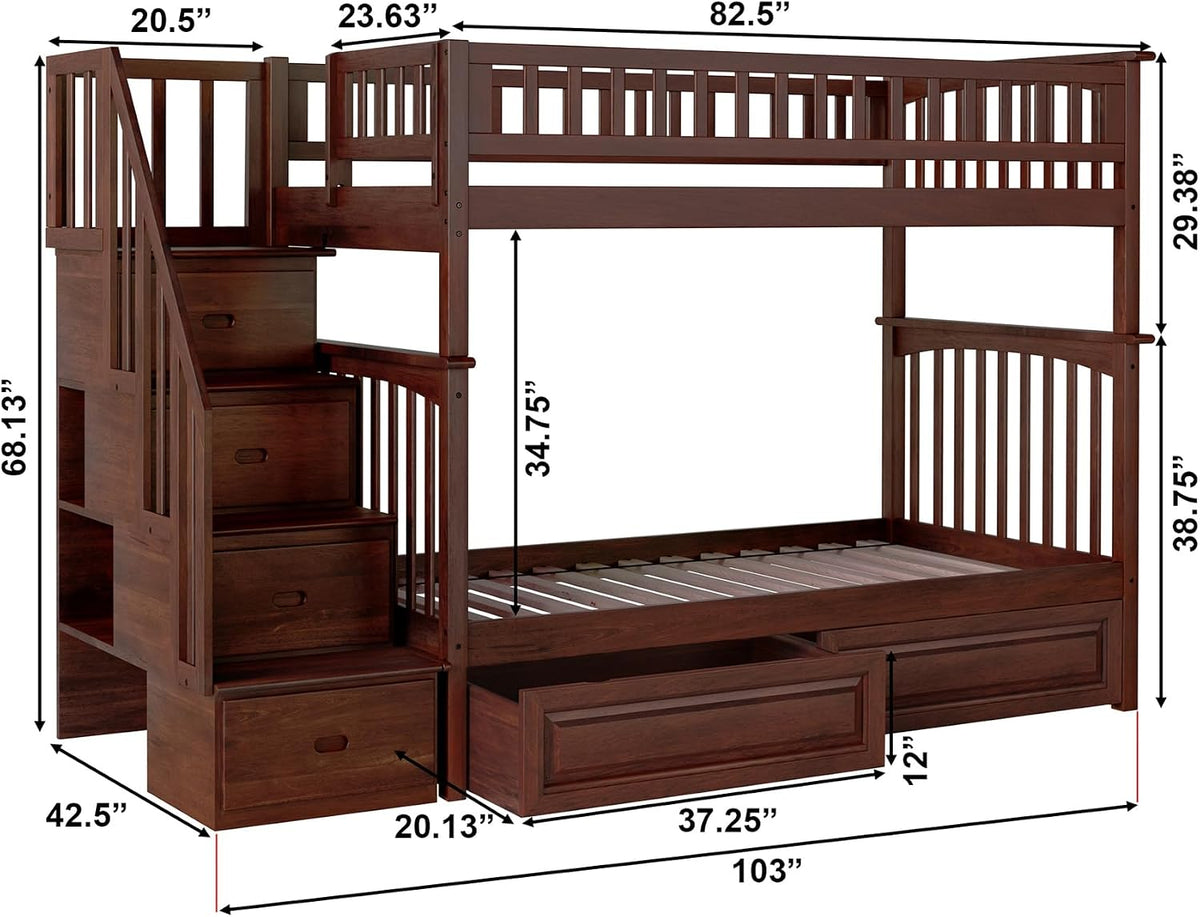 AFI, Columbia Staircase Bunk Bed Twin Over Twin & Raised Panel Bed Drawers, Walnut