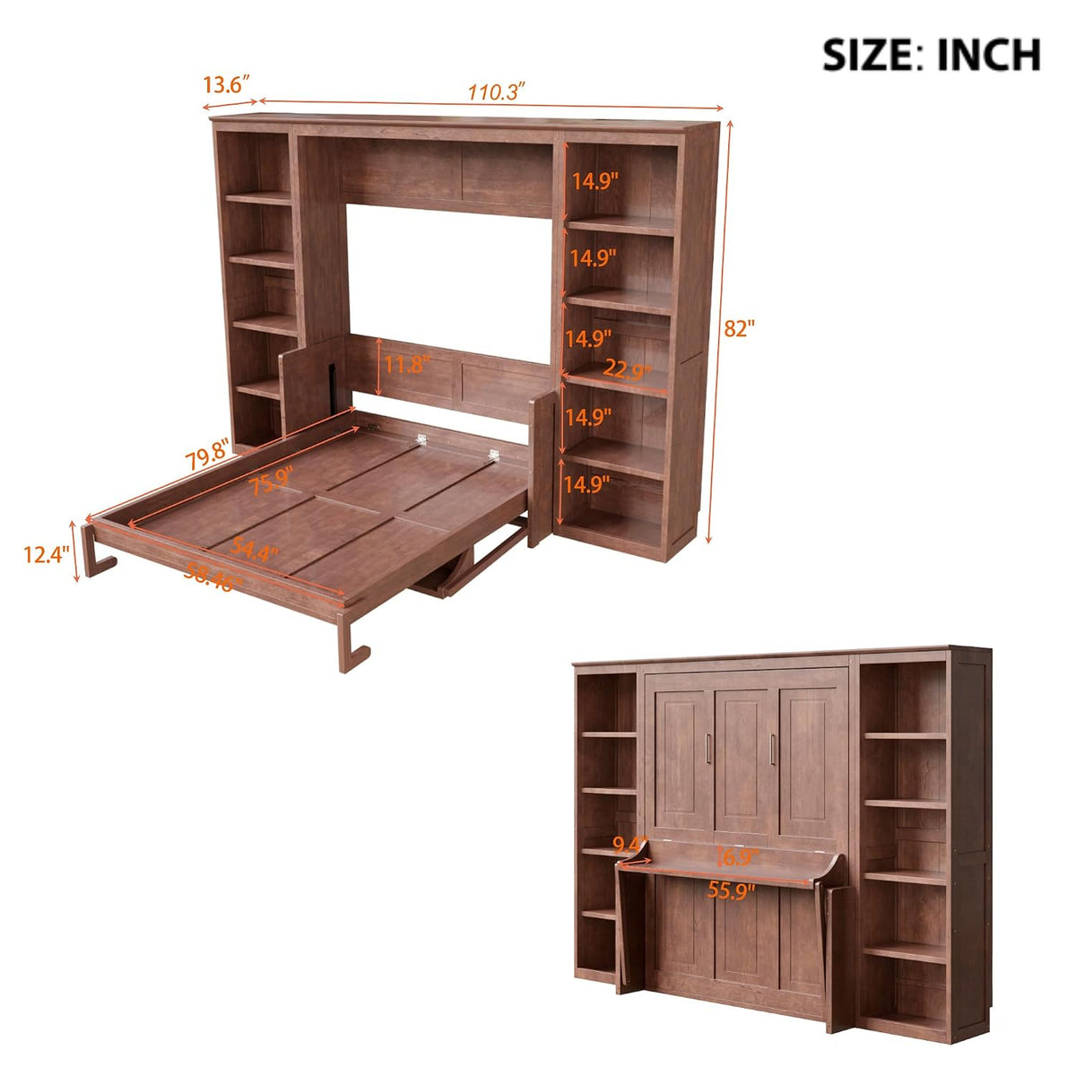Ball & Cast Murphy Bed Full Size,Space-Saving Hideaway Wall Bed with Desk and Bookshelf,Murphy Bed w/Slat Support,Bedroom Folding Bedframe for Guest Room,Dark Brown