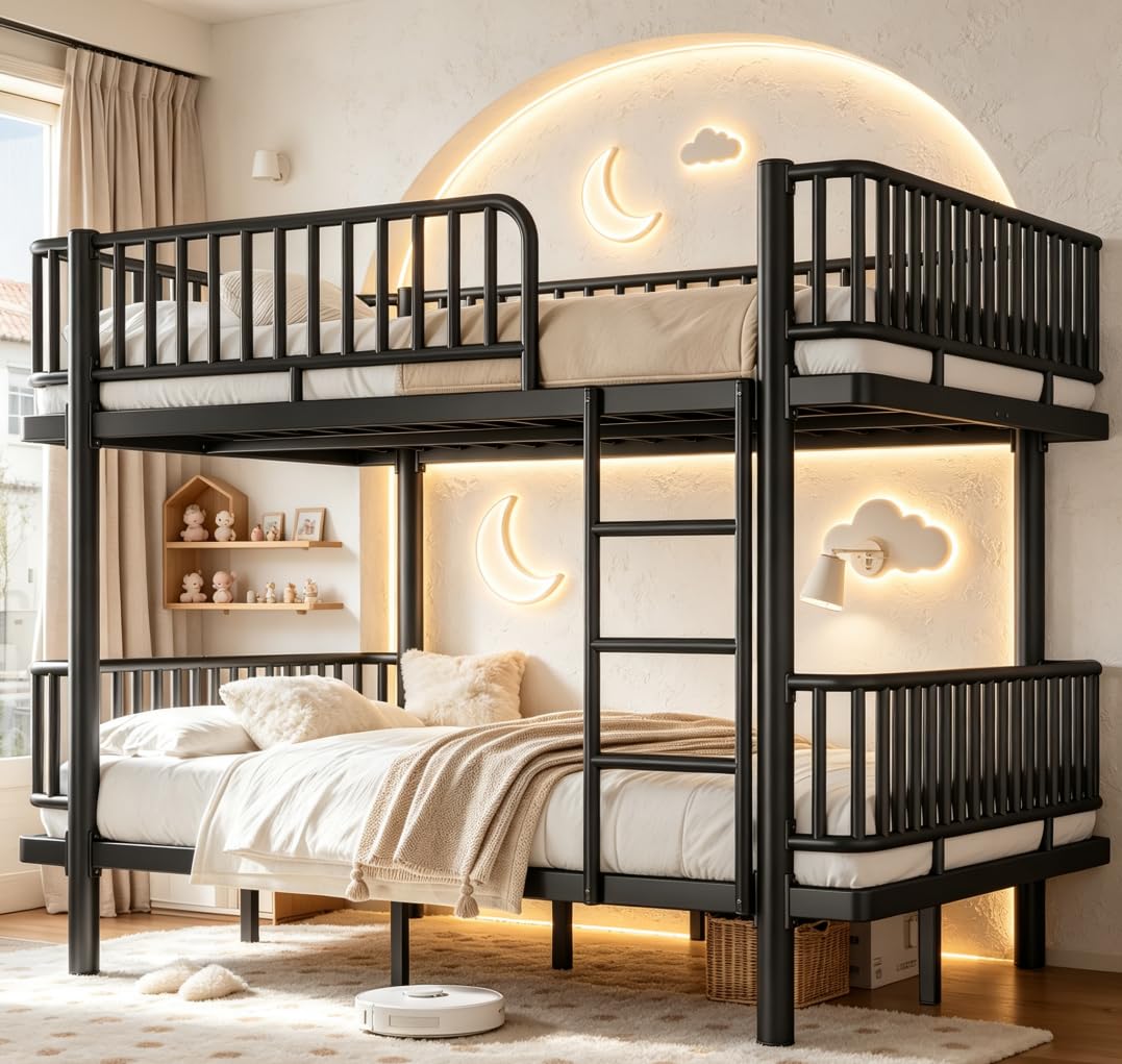 Bellemave Full Over Full Bunk Beds, Metal Bunk Bed with Ladder and Guardrail for Kids, Adults, Can be Split, White