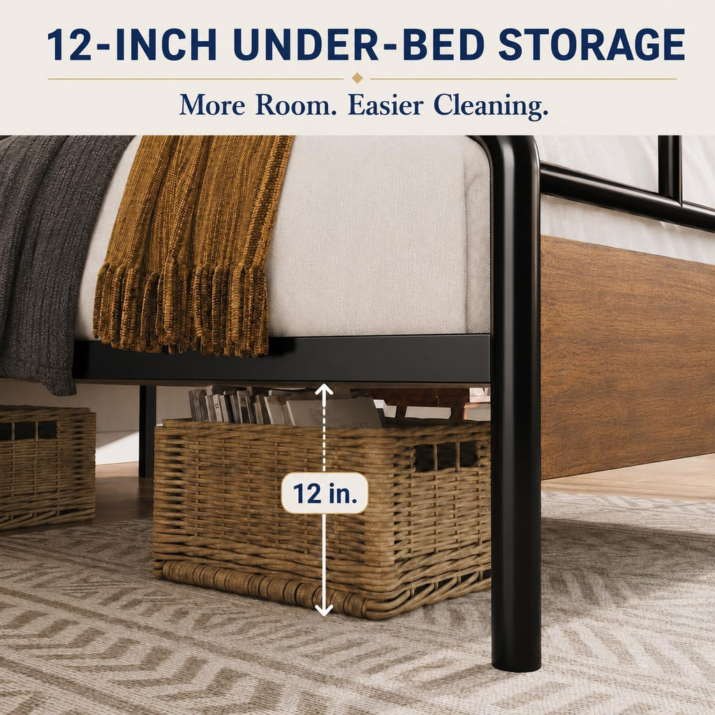 Allewie Queen Size Industrial Bed Frame with Wood Panels, Walnut