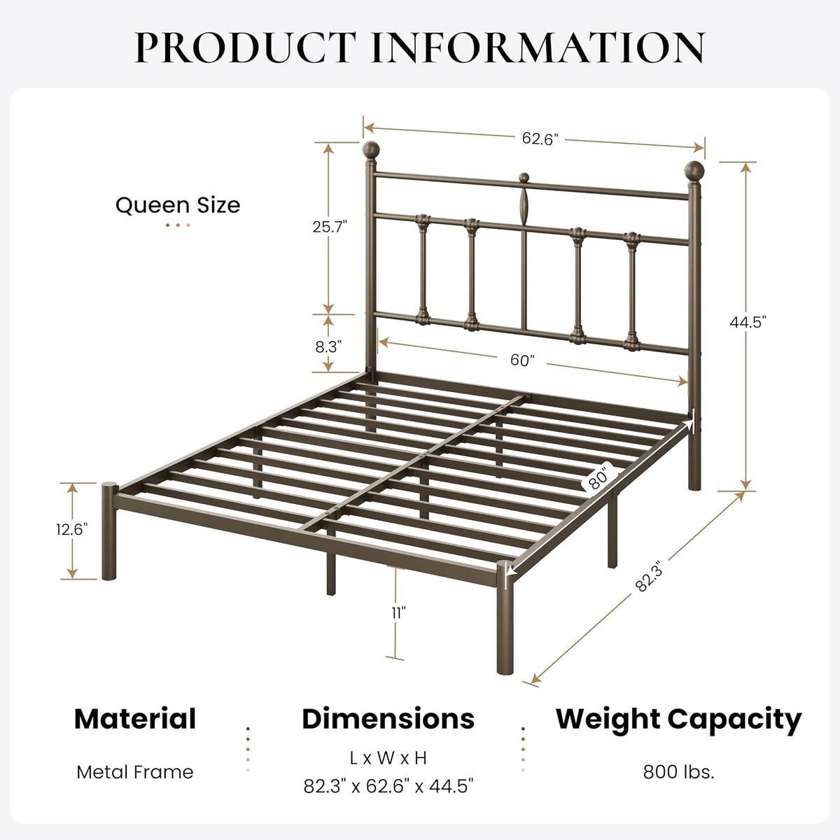 SHA CERLIN Queen Size Metal Platform Bed Frame with Victorian Vintage Headboard/Under Bed Storage/No Box Spring Needed/Easy Assembly/Noise Free/Mattress Foundation/Gold