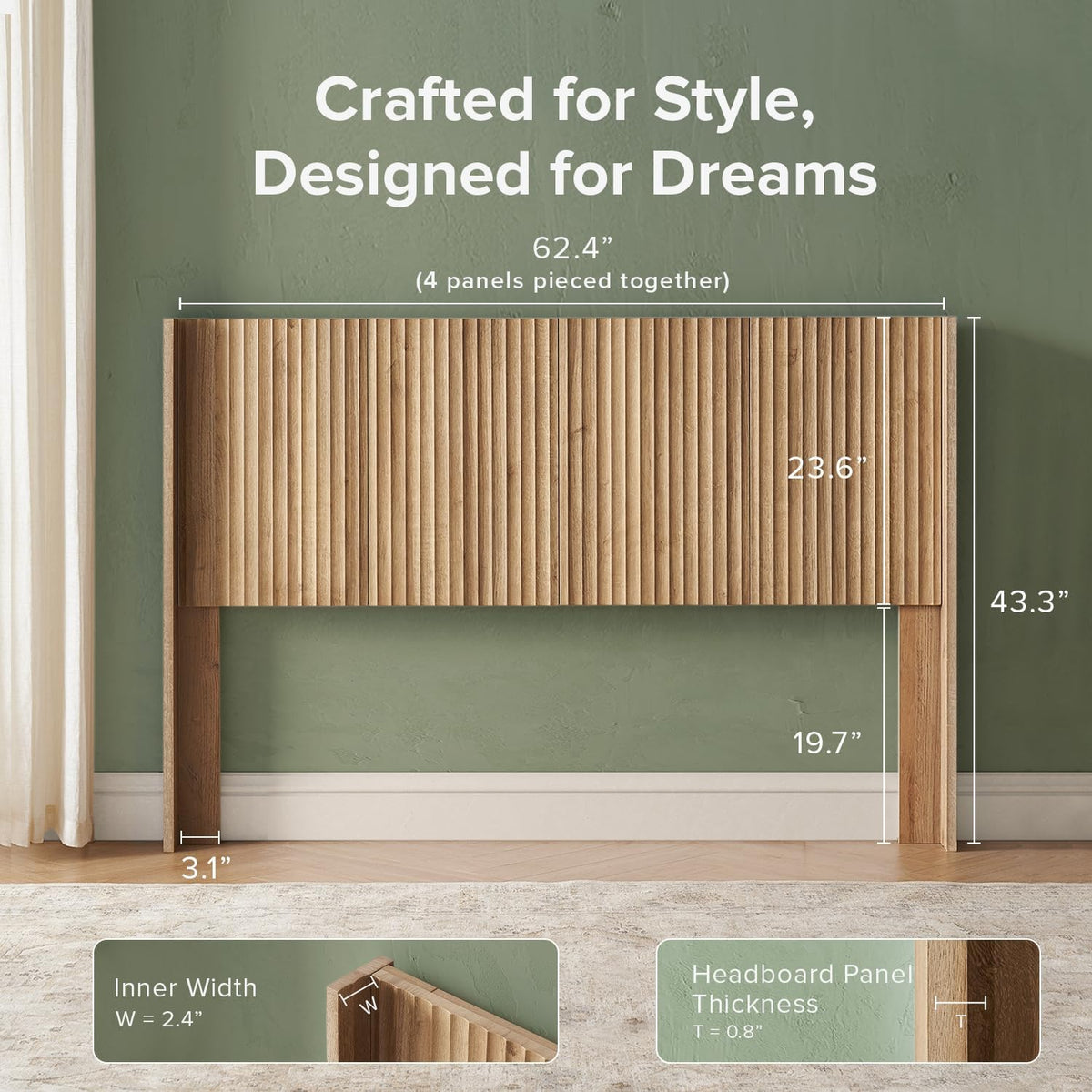 mopio Brooklyn Fluted Panel Wingback Headboard 62.4" - Wall Mount Headboard for Queen Bed, Modern Farmhouse Bedroom Decor, 4-Panel Assembly (Golden Oak, Queen)