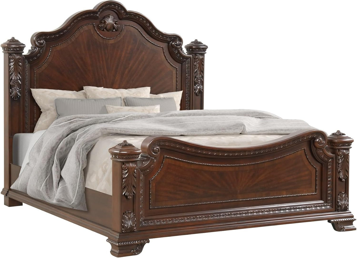 Traditional Queen Bed with Intricate Wood Carvings
