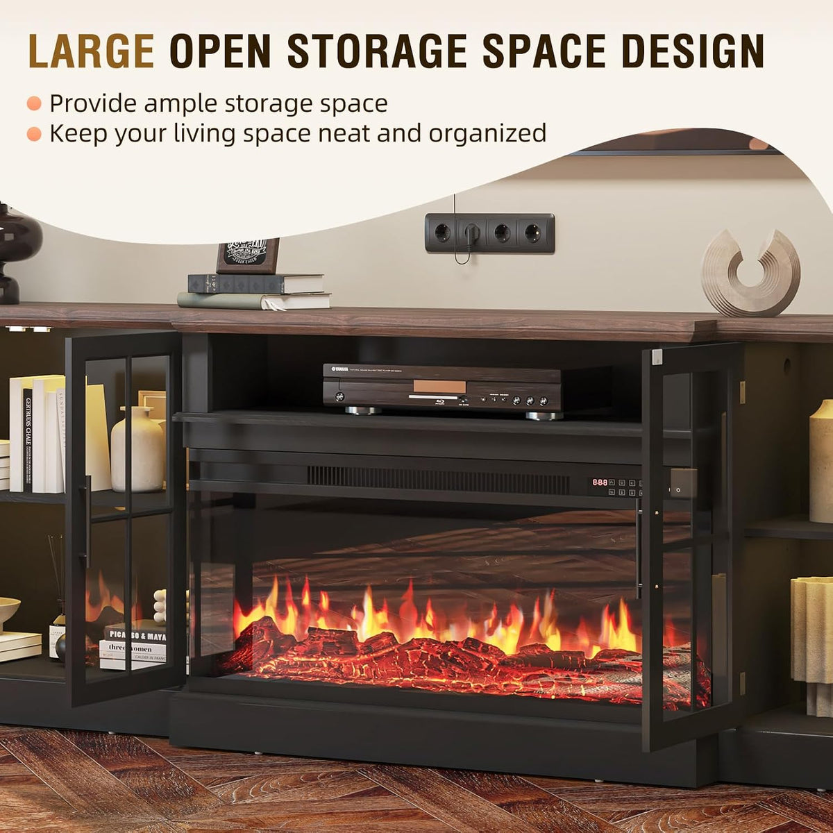 98" Farmhouse TV Stand with 36" Fireplace, Black & Black