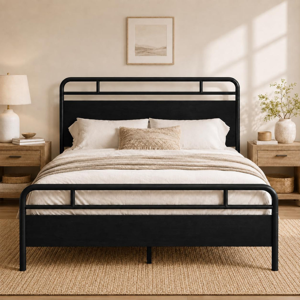 Allewie Queen Size Industrial Bed Frame with Wood Panels, Walnut