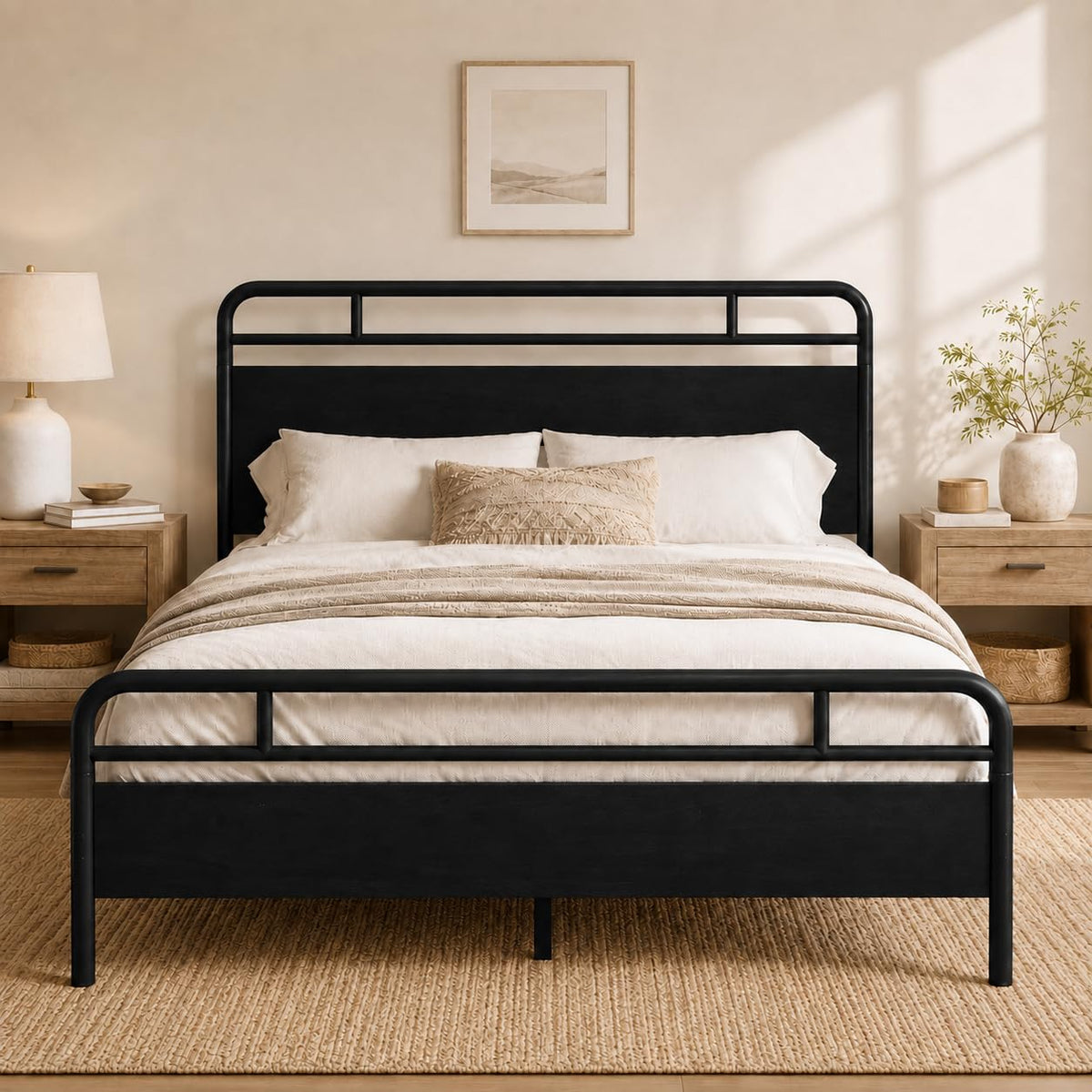 Allewie Queen Size Industrial Bed Frame with Wood Panels, Walnut