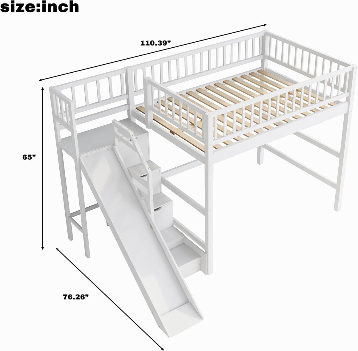 Merax Full Size Loft Bed with Storage Staircase, Slide & LED Light, Wooden Bunk Bed for Bedroom with Built-in Shelves, White
