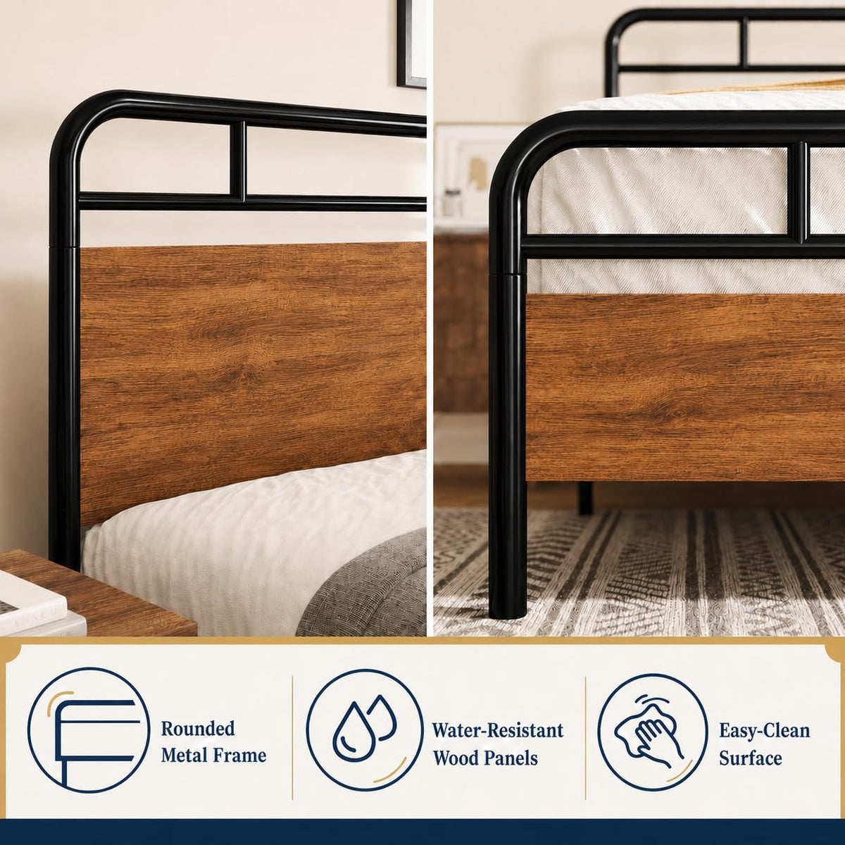 Allewie Queen Size Industrial Bed Frame with Wood Panels, Walnut