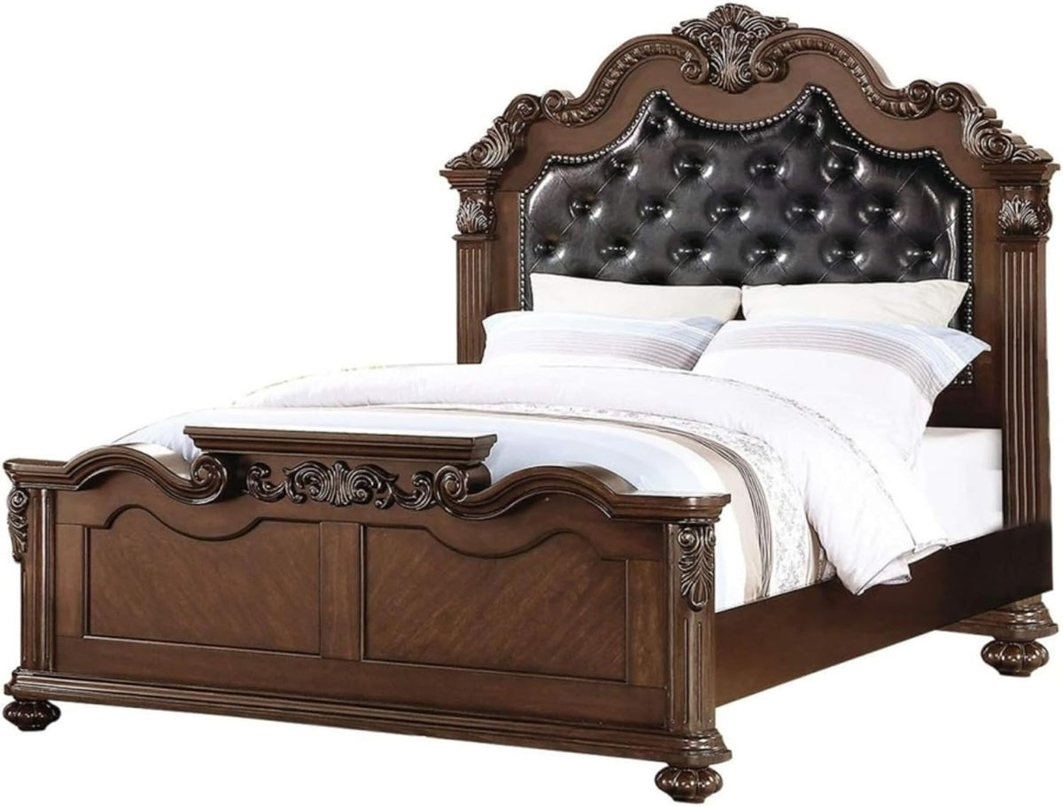 Traditional King Bed Frame Solid Wood Ornate Carved Headboard Footboard Scalloped Crown Bun Feet Slatted Support System Foundation Required Classic Bedroom Statement Piece Antique (Cherry A -1)
