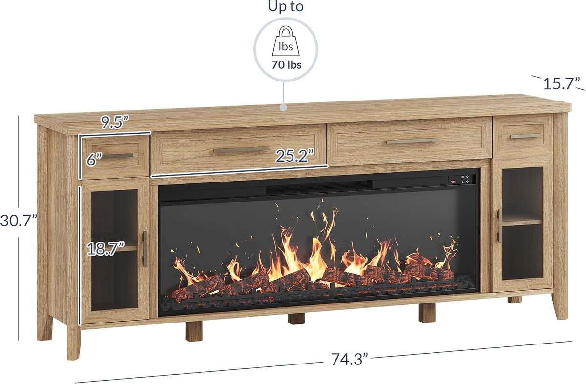 BELLEZE 74" Apex Extra Large TV Stand with 48" Electric Fireplace - Camel