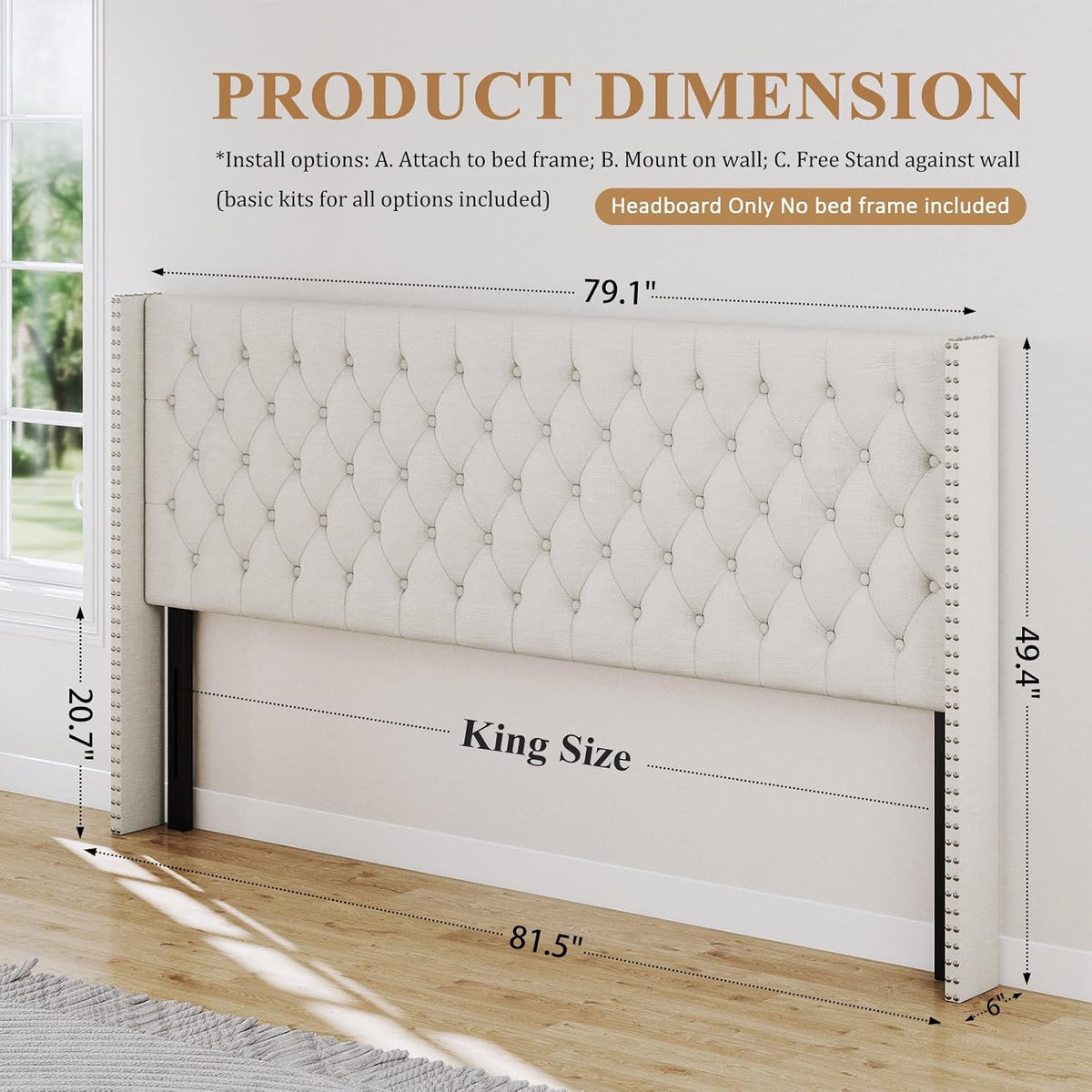 Furpopup Linen King Size Headboard Only, Wingback Wall Mount, Ivory