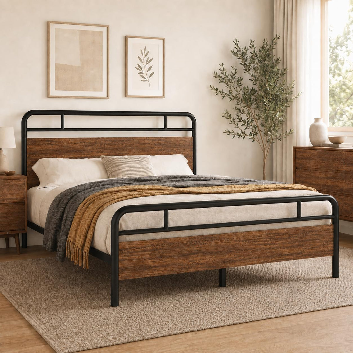 Allewie Queen Size Industrial Bed Frame with Wood Panels, Walnut