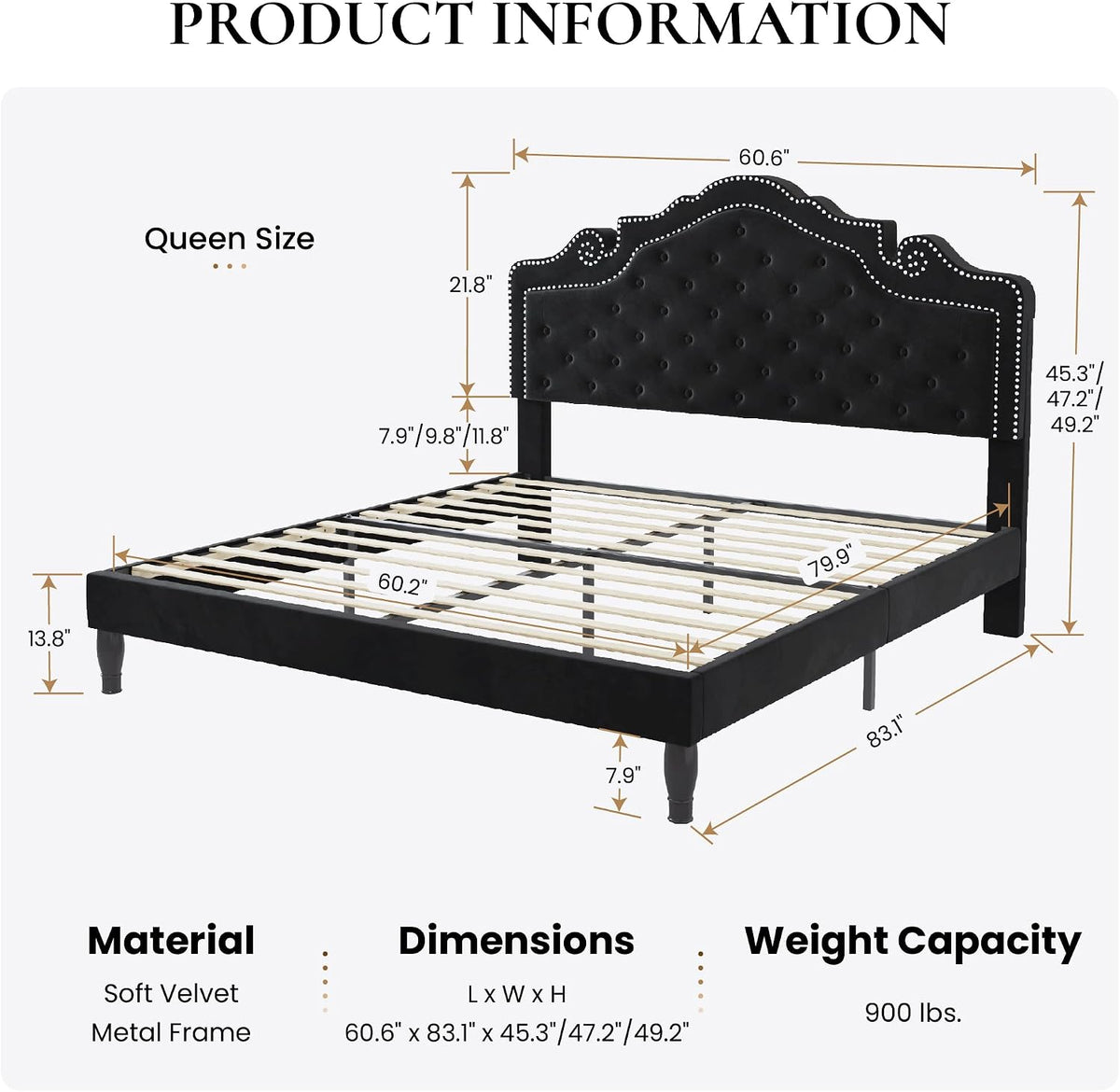 SHA CERLIN Queen Bed Frame with Adjustable Headboard/Velvet Upholstered/Diamond Button Tufted and Metal Studs/No Box Spring Needed/Wood Slat Support/Easy Assembly/Black