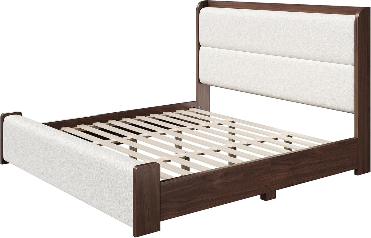 King Platform Bed Walnut with Boucle Upholstered Headboard & Footboard