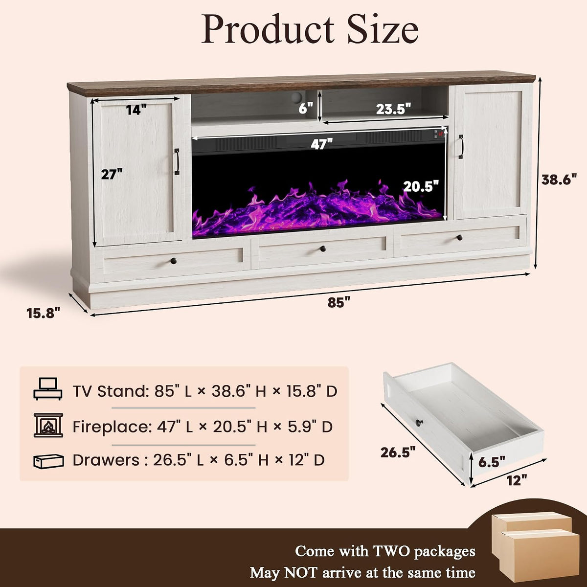85" Large TV Stand with 47" Fireplace, 85" W & 39" H, Beige