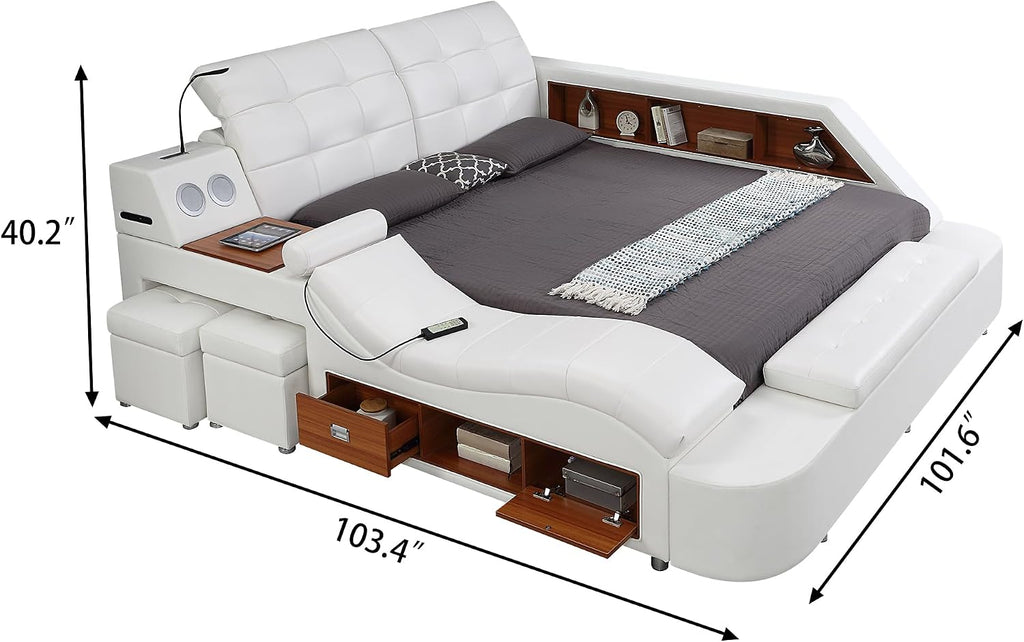 Multifunction Smart King Bed Frame, Luxury Upholstered Platform with Massage Recliner/Speaker/USB Port/Storage Drawers, Adjustable Leather Headboard, White
