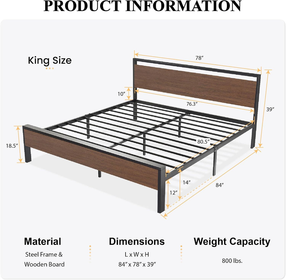 SHA CERLIN 14 Inch King Size Metal Platform Bed Frame with Wooden Headboard and Footboard, Mattress Foundation, No Box Spring Needed, Large Under Bed Storage, Walnut