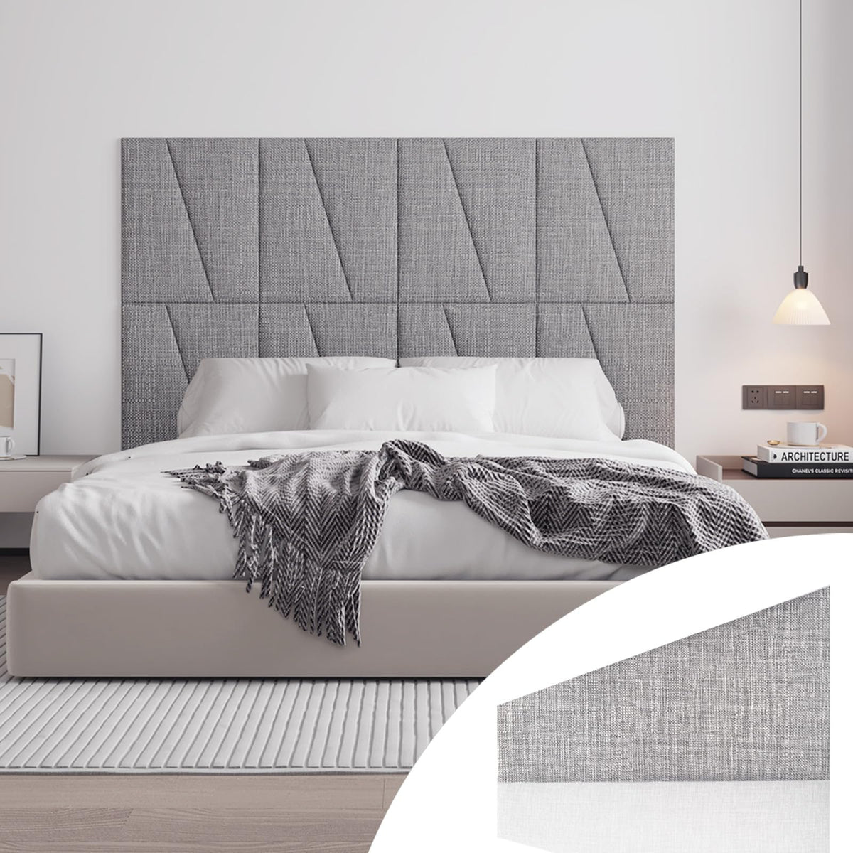 Fabric Upholstered Wall Mounted Headboard for King Bed Panels: Stick-On Headboard in Matte Black - Soundproof Padding for Bedroom & Living Room (8 Panels)