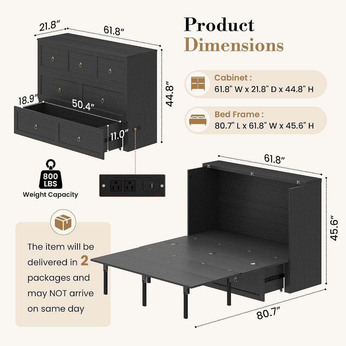 Queen Murphy Bed with Hidden Storage, Farmhouse Cabinet Bed with Storage Drawer, RGB LED Lights & Charging Station, Space-Saving Wall Bed with 6 Metal Legs, Black