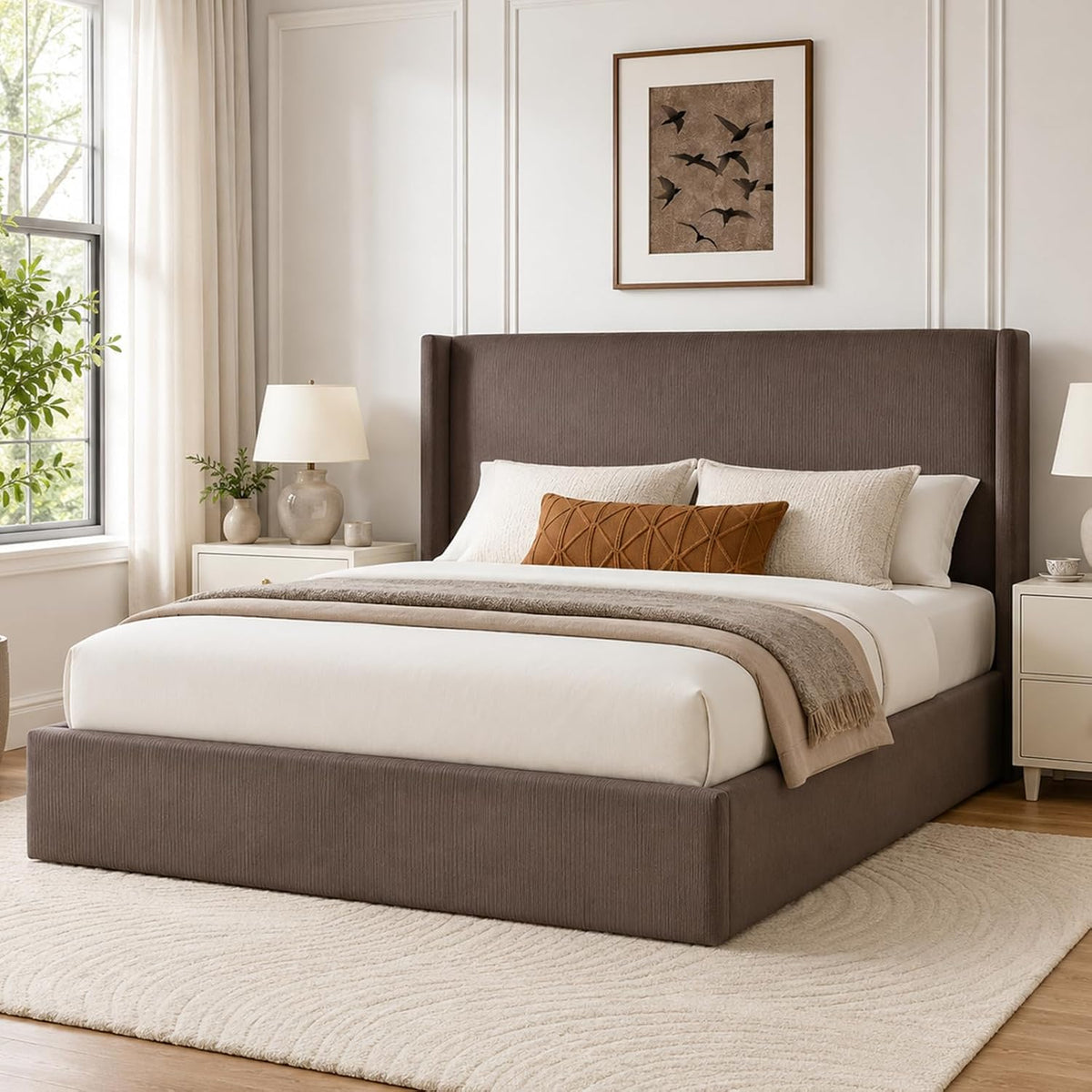 VELOCAVA California King Lift-Up Bed, Wingback Headboard, Corduroy Coffee