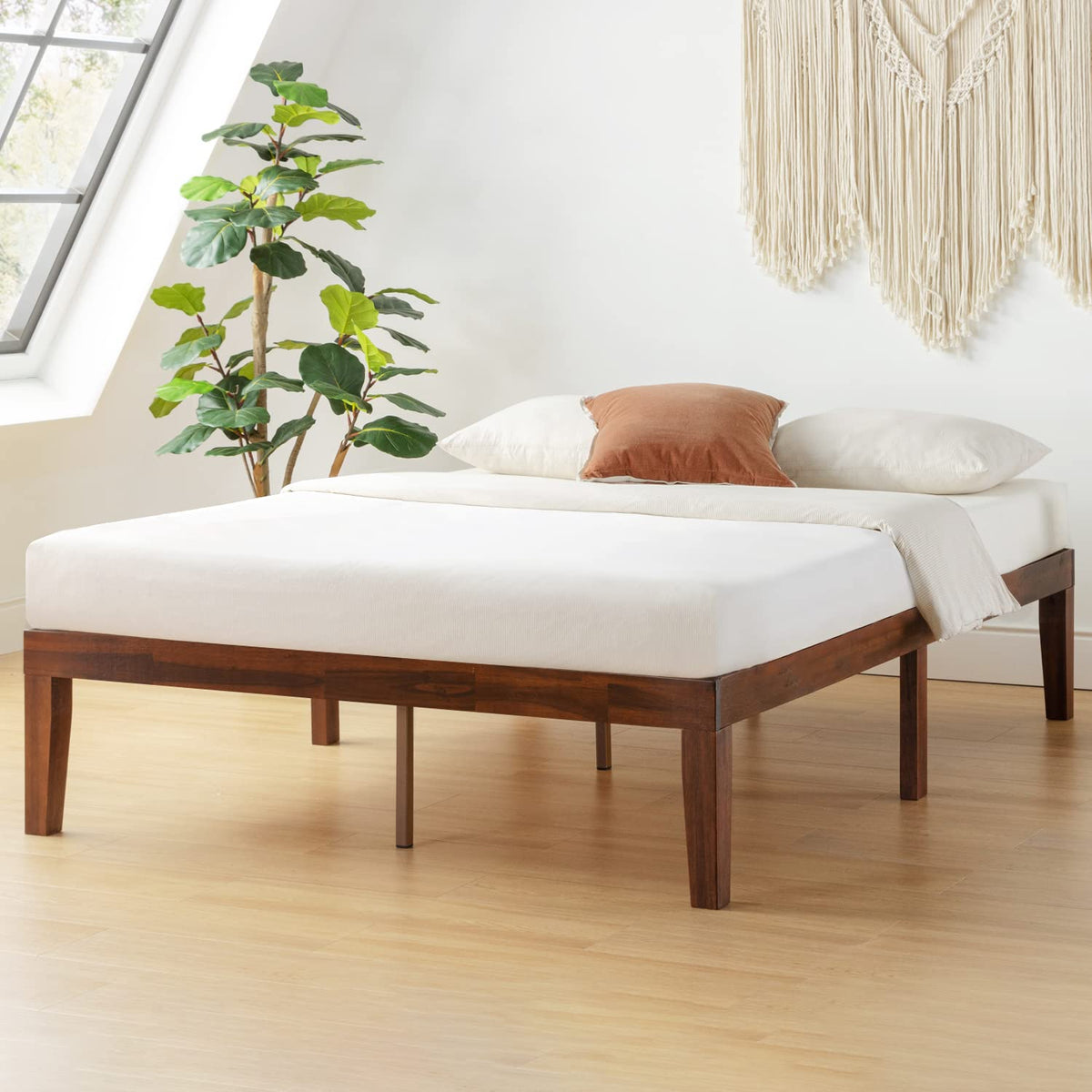 Mellow Naturalista Classic 16 Inch Solid Wood Platform Bed with Wooden Slats, Natural Pine, Queen
