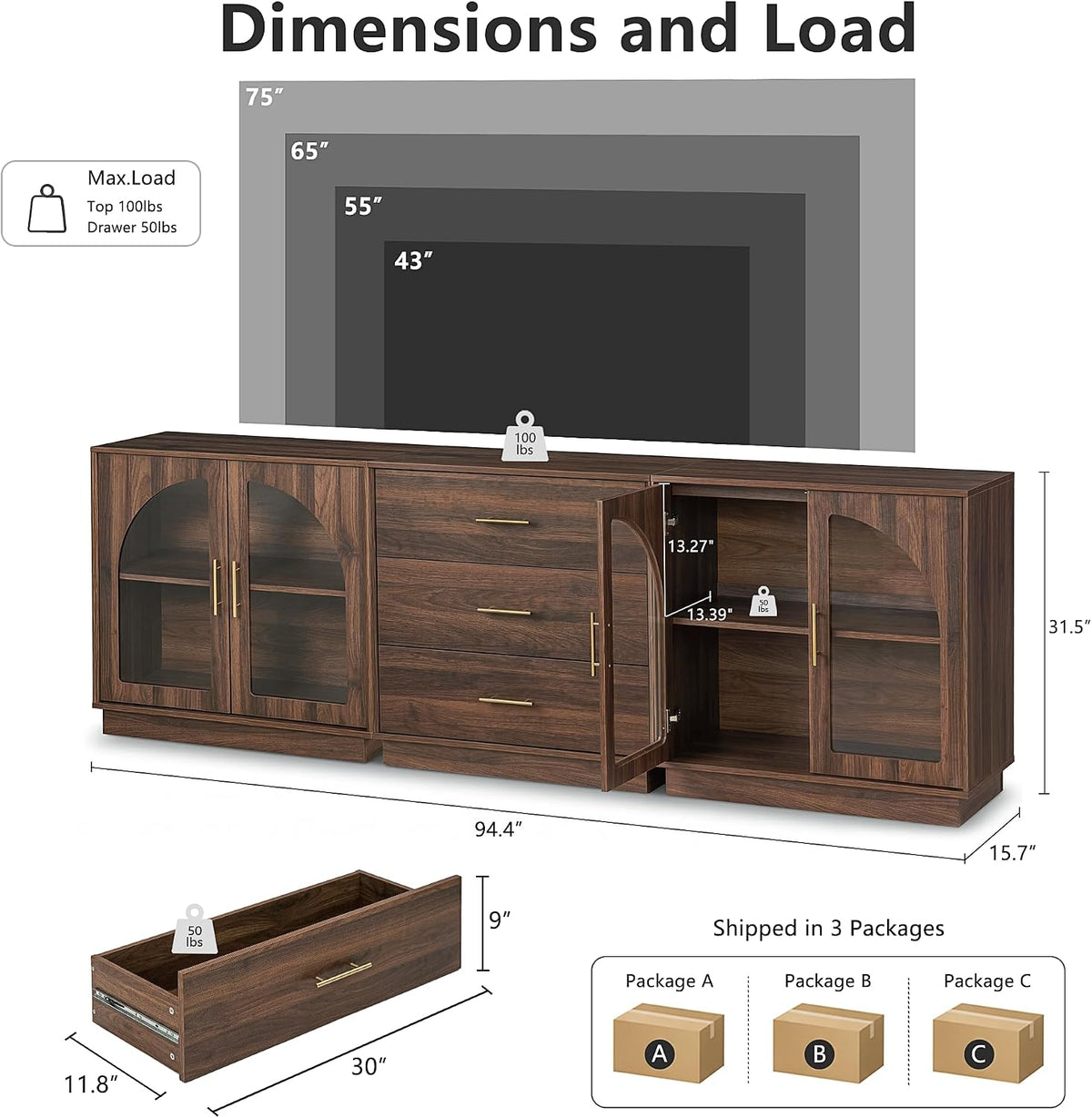 FORTUNETEC 94.4" Mid Century Modern TV Stand for 75 Inch TV,3 Pieces Walnut