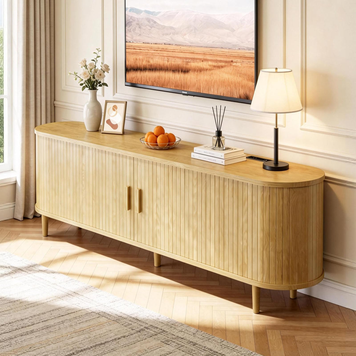 65" Mid Century Modern TV Stand with Power Outlet, Fluted Entertainment Center with Storage and Adjustable Shelves, Wood TV Console with Sliding Doors for Living Room, Walnut