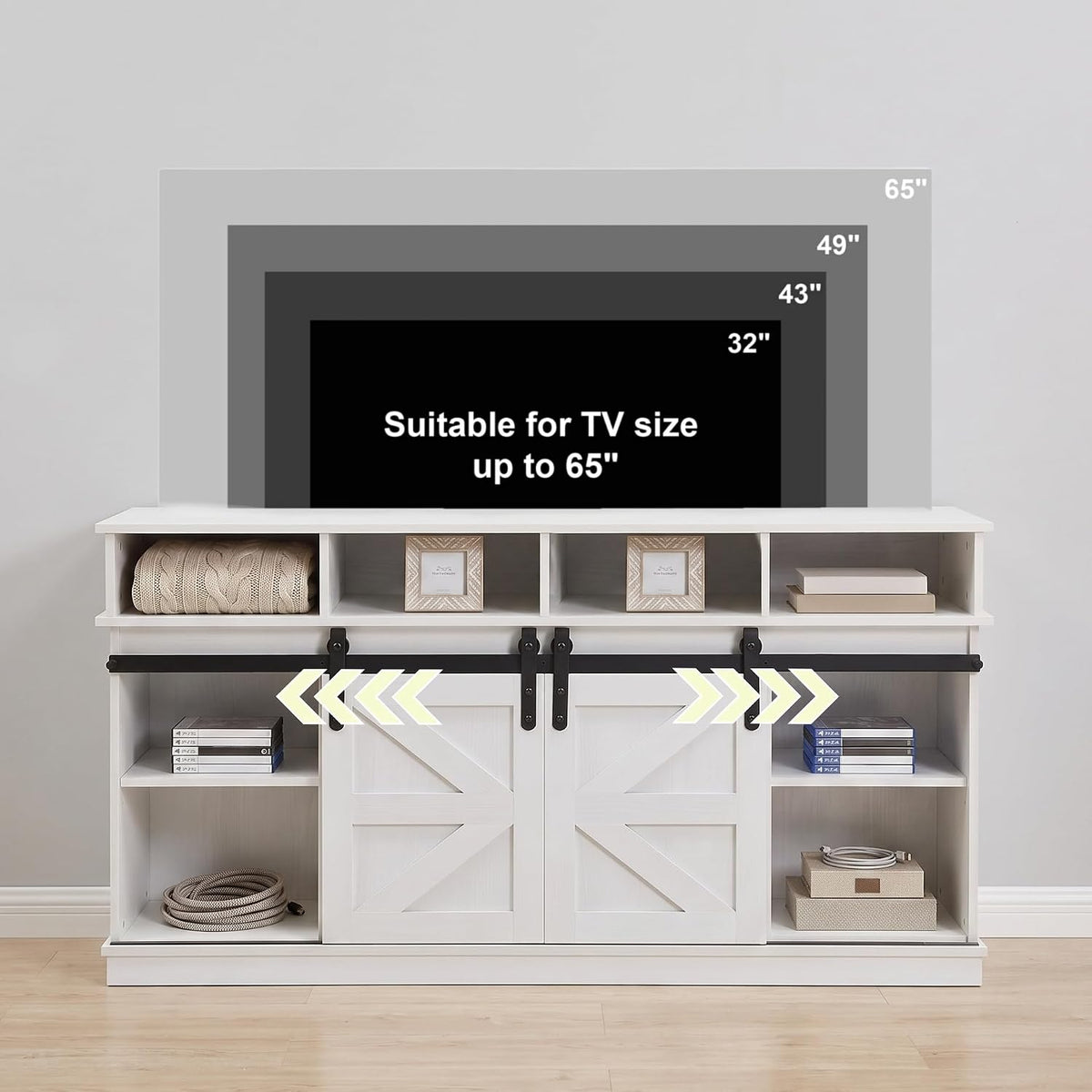 58" Farmhouse TV Stand with Sliding Barn Doors for TVs up to 65 Inch, Entertainment Center with Adjustable Shelves, Wood Media Console Storage Cabinet for Living Room Bedroom, White