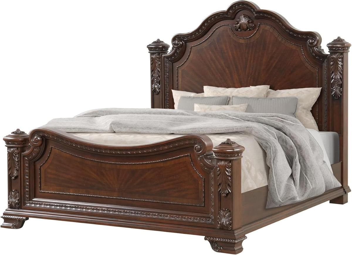 Traditional Queen Bed with Intricate Wood Carvings