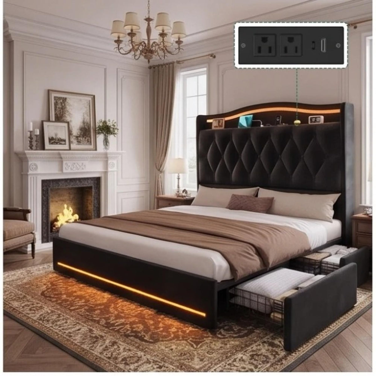YITAHOME Queen Bed Frame with Charging Station & RGB LED Lights