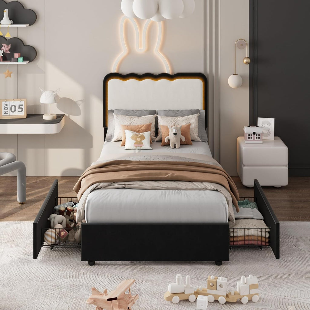 Garvee Irregular Wave LED 2-Drawer Soft Upholstered Bed, Soft Padding