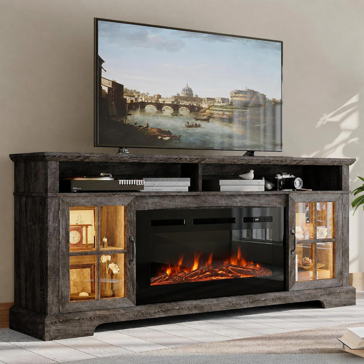 70" Farmhouse Fireplace TV Stand for TVs up to 80", Entertainment Center with 36" Electric Fireplace, LED Lights and Glass-Door Storage Cabinets, Brown