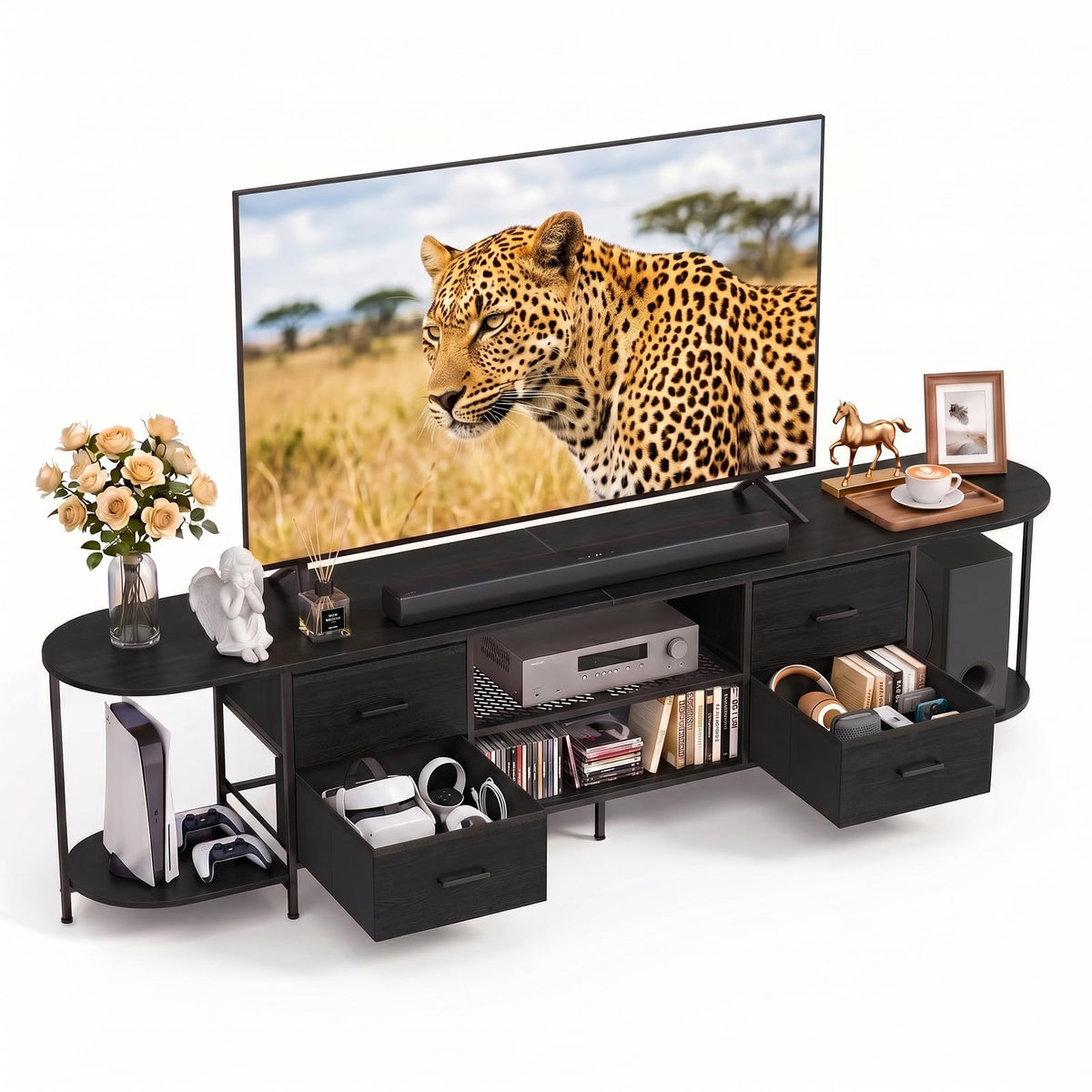 Faesun 63" TV Stand for TVs up to 75 Inches, Curved Edge Media Console & Entertainment Center with 2 Fabric Drawers, Modern TV Console Table for Living Room or Bedroom, Rustic Brown