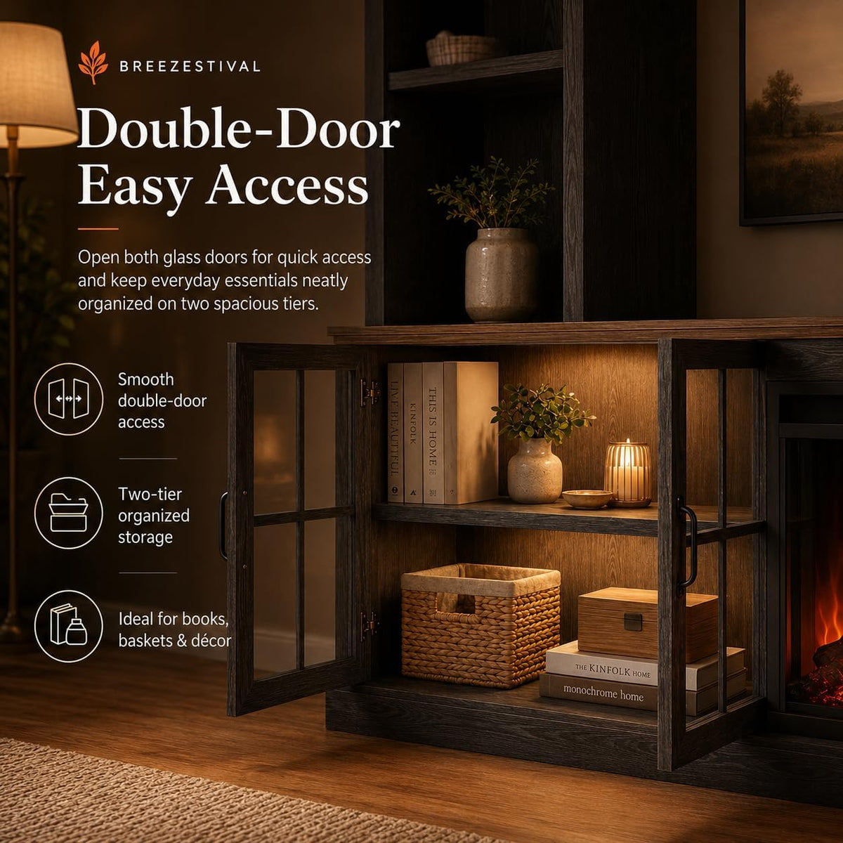 Black Farmhouse TV Stand with Fireplace, Entertainment Center, 98" Wall Unit Media Console with Bookshelf, Cabinet & Power Outlets & Barn Doors, Fits TVs Up to 75” for Living Room