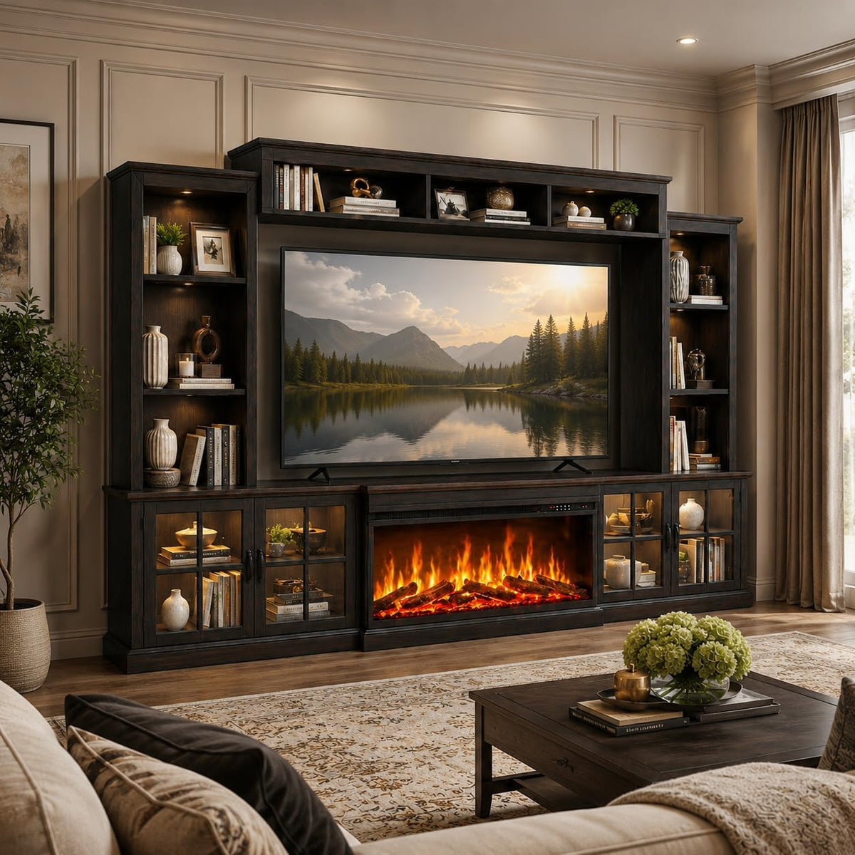 Black Farmhouse TV Stand with Fireplace, Entertainment Center, 98" Wall Unit Media Console with Bookshelf, Cabinet & Power Outlets & Barn Doors, Fits TVs Up to 75” for Living Room