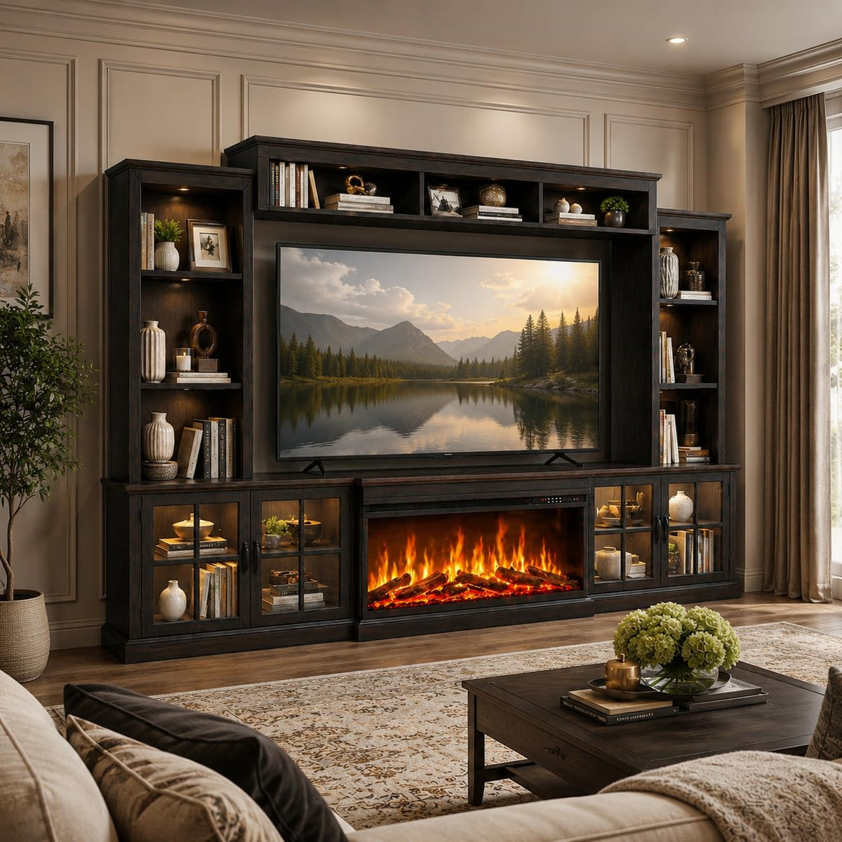 Black Farmhouse TV Stand with Fireplace, Entertainment Center, 98" Wall Unit Media Console with Bookshelf, Cabinet & Power Outlets & Barn Doors, Fits TVs Up to 75” for Living Room