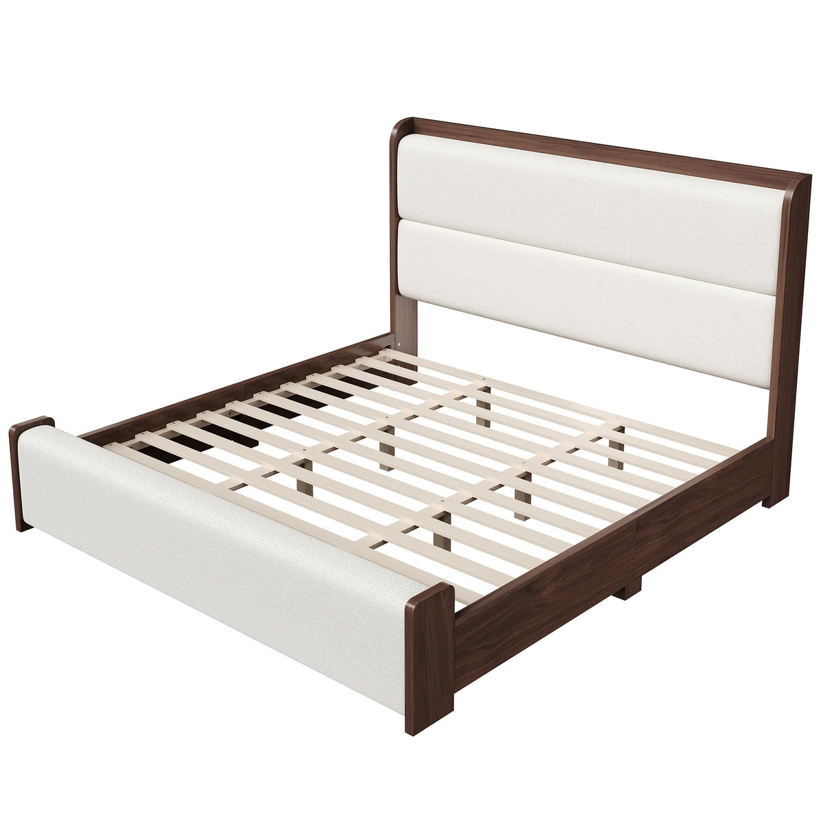 King Platform Bed Walnut with Boucle Upholstered Headboard & Footboard
