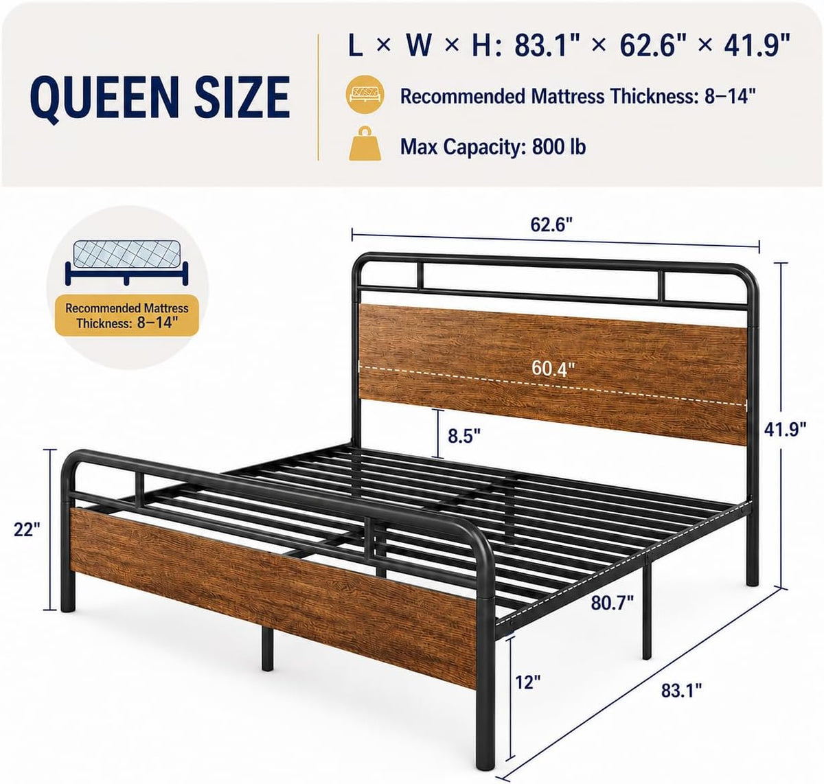 Allewie Queen Size Industrial Bed Frame with Wood Panels, Walnut