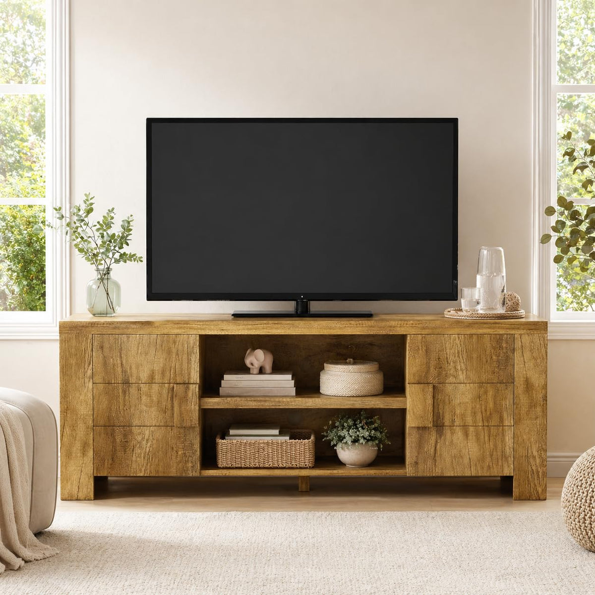 78.7" Farmhouse TV Stand for 85" TV with RGB LED Lights, Rustic Brown