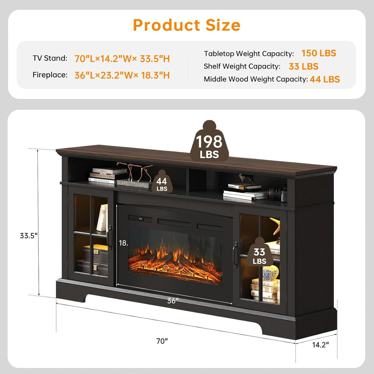 70" TV Stand with Electric Fireplace, Modern Entertainment Center for TVs Up to 80 Inches, Media Console with Storage Cabinets & Doors, Farmhouse Style for Living Room, Black