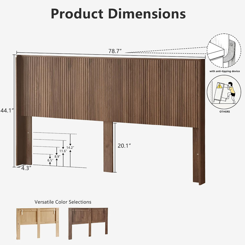 FORTUNETEC 78.7" King Size Wooden Headboard, Fluted Panel Headboard, Walnut