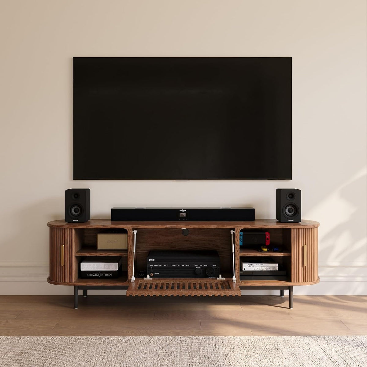 POVISON 70.87" Wood Fully-Assembled Sliding Tambour Door TV Stand, Walnut