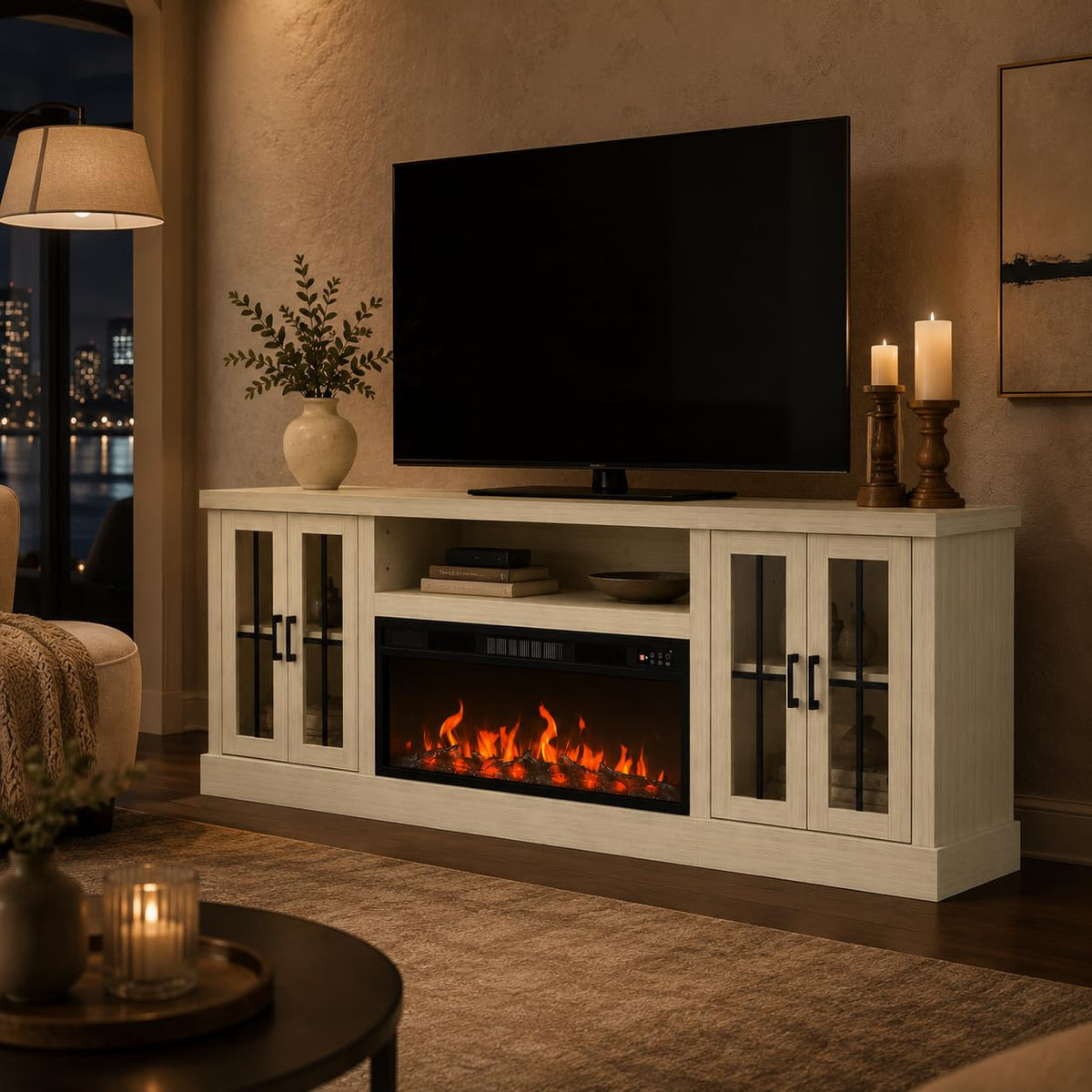 70" Farmhouse Fireplace TV Stand for TVs up to 80", Entertainment Center with 36" Electric Fireplace, LED Lights and Glass-Door Storage Cabinets, Brown